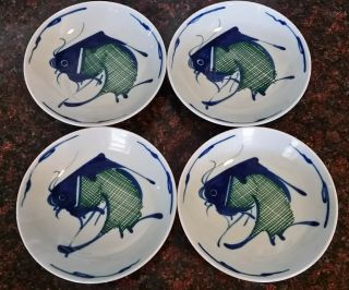 4 Vintage Chinese Blue And Green Hand - Painted " Carp Fish " Porcelain Bowls