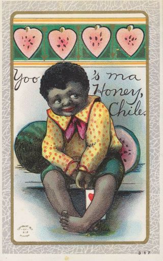 Old Vintage Postcard Black Americana Young Boy With Watermelon Hearts Very Sweet