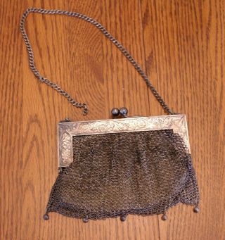 Antique Vintage German Silver Mesh Chain Mail Purse Ball Dangles Leather Lining