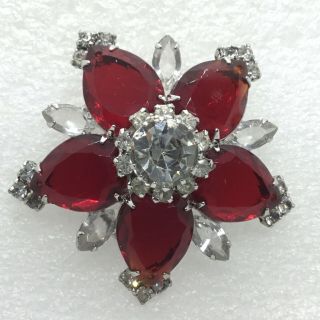 Vintage Flower Brooch Pin Red Clear Glass Rhinestone Silver Tone Costume Jewelry