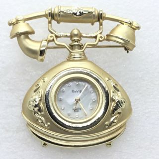 Signed Ajc Vintage Clock Floral Telephone Brooch Pin Watch Rhinestone Phone