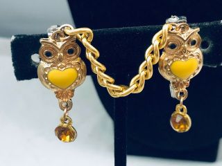 Vtg/mod Yellow Heart Cabochon & Topaz Rhinestone Double Owls Brooches