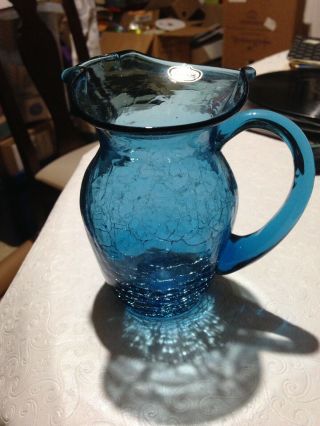 Rainbow Art Glass Hand Blown Blue Pitcher 5 " Crackle Glass Vtg Mid - Century Retro