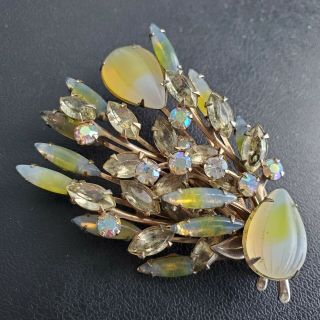 Unsigned Judy Lee Vintage Yellow Givre Glass Flower Ab Rhinestone Brooch Pin O42
