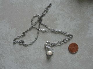 Vintage Sterling Silver Necklace With Pearl In Pendant 24 " Chain