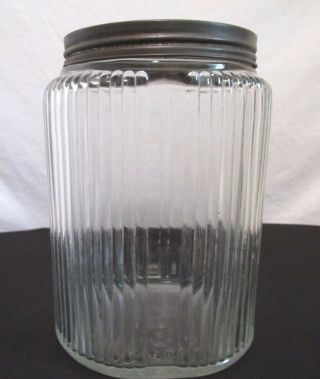 Vintage Owens Illinois Ovid Glass Ribbed Art Deco Sugar/flour Canister Jar W/lid