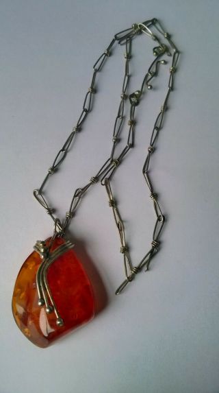 Vintage Sterling Silver Amber Pendant Necklace Polish Hallmarks (not Scrap)