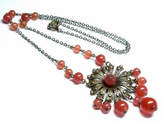 Vintage Art Deco Czech Carnelian glass & faux marcasite pendant drop necklace 2