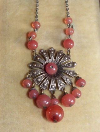 Vintage Art Deco Czech Carnelian glass & faux marcasite pendant drop necklace 4