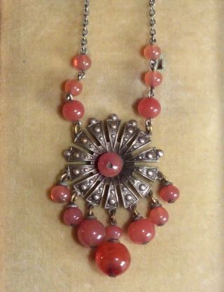 Vintage Art Deco Czech Carnelian glass & faux marcasite pendant drop necklace 6