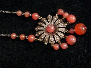 Vintage Art Deco Czech Carnelian glass & faux marcasite pendant drop necklace 7