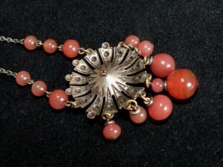 Vintage Art Deco Czech Carnelian glass & faux marcasite pendant drop necklace 8