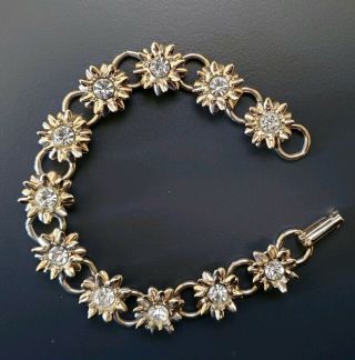 Vintage Flower Rhinestone Faux Diamond Gold Tone Chain Link Bracelet