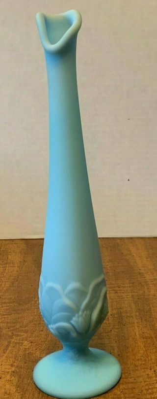 Vintage Fenton Pale Blue Satin Glassware Bud Vase Stretch Water Lily Design 11 "