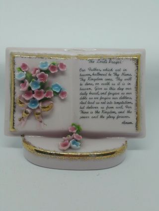 Lefton China Hand Painted 5356 Lords Prayer Wall Pocket Pink W/flowers Vintage