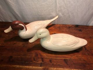 Pair (2) Vintage Wood Wooden White Duck Decoys - Decorative Outdoors Water Fowl