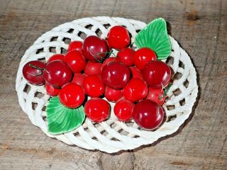 Vintage Bassano Italy Woven White Porcelain Dish Of Cherries Approx.  7 " X 9 " X3 "