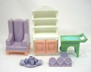 Vintage Playskool Dollhouse Furniture Chair,  Kitchen Hutch,  Rolling Cart Playset