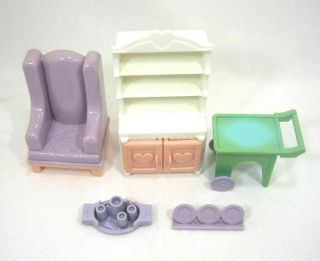 Vintage Playskool Dollhouse Furniture Chair,  Kitchen Hutch,  Rolling Cart Playset 2