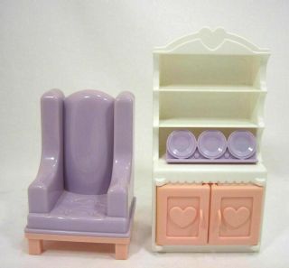 Vintage Playskool Dollhouse Furniture Chair,  Kitchen Hutch,  Rolling Cart Playset 3
