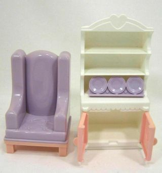 Vintage Playskool Dollhouse Furniture Chair,  Kitchen Hutch,  Rolling Cart Playset 4