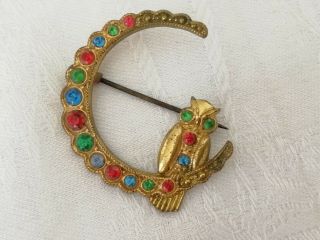 Vintage Jewellery Goldtone Metal Crescent Moon And Owl Brooch