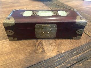 Vintage Chinese Asian Wooden Jewelry Box With Celadon Jade Carved Plaques