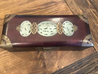 Vintage Chinese Asian Wooden Jewelry Box with Celadon Jade Carved Plaques 2