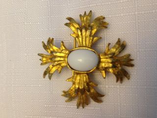 Vintage Gold Tone Cross Brooch With White Faux Cabochon