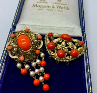 Vintage Jewellery 2 Czech Art Deco Coral/pearl Cabochon Brooches/pins