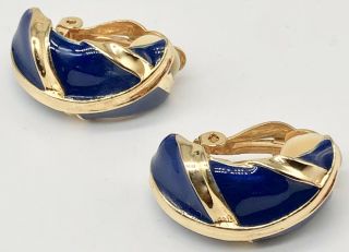 Vintage Blue Enamel & Gold Tone Clip On Earrings
