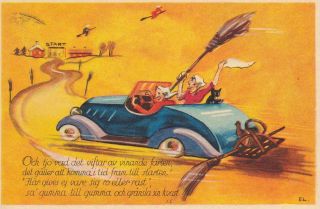 Old Vintage Postcard Easter Witches Riding In Blue Car Black Cat Small Card
