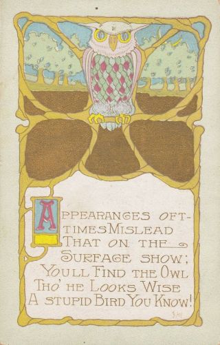 Rare Old Vintage Postcard Arts & Crafts Style Owl Great Graphics Poem