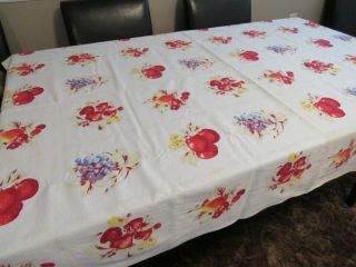 Vintage 1950’s White Tablecloth Cotton W Grid Design Berries Pears 51 " X 66 "