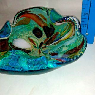 Vintage Art Glass Flower Bowl Murano Blue Sparkle Black White Teal 2