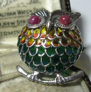 Sterling Solid Silver 925 Vintage Style Plique A Jour Plump Baby Owl Pin Brooch