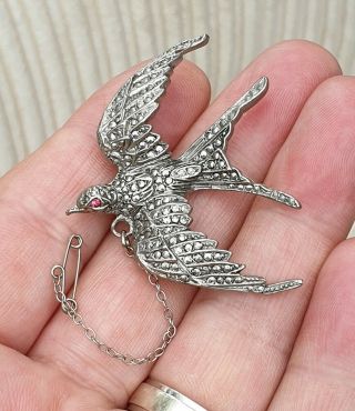 Vintage Art Deco Jewellery Sparkling Marcasite & Ruby Swallow Silver Brooch Pin