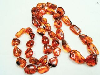 Stunning Long Vintage Hand Knotted Real Amber Bead Necklace