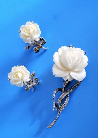 Vintage Signed Coro White Rose Clip On Earrings With Marcasites And Rose Brooch