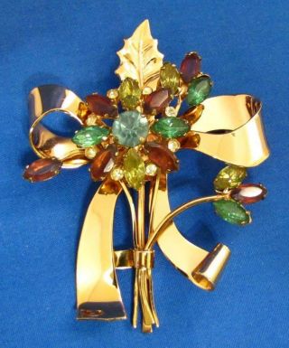 Vintage Coro Craft Flower Sterling Silver Faux Jewels 3.  25 X 2.  25 " Pin Brooch