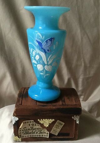Vintage Antique Miniature French Blue Opaline Glass Hand Painted Vase Butterfly