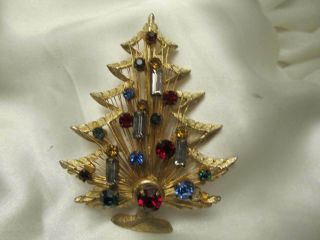 Vintage Signed Brooks Christmas Tree Wire Rhinestones Brooch Pin