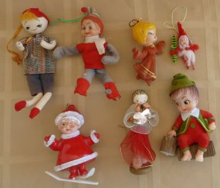 Vintage Mid - Century Plastic & Fleece Christmas Ornaments - Elf - Angels