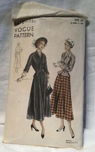 Lovely Vtg 1940s Suit - Dress Vogue Sewing Pattern 6478