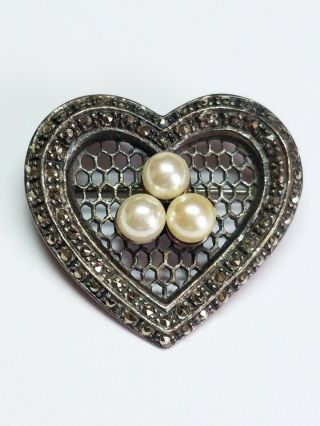 Vintage Signed Nf Sterling Silver 925 Marcasite Faux Pearl Heart Pin Brooch