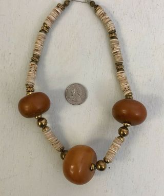Vintage 1950s North African Necklace 3 Large Amber Beads,  Brass And Heishi Shell