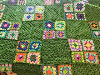 Vintage Granny Square Afghan Crochet Blanket Throw 66 X 42 Multi - Color Green