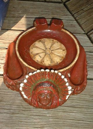Vtg Tobacco Western Syroco Wood Ashtray Pipe Holder Native American Indian Chief