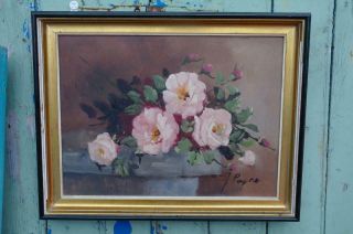 Vintage Mid Century Pink Rose Floral Bouquet Oil Painting Framed 50s Rustic Chic
