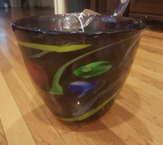 Vintage Hand Blown Art Glass Bowl Red,  Green,  Blue,  Yellow